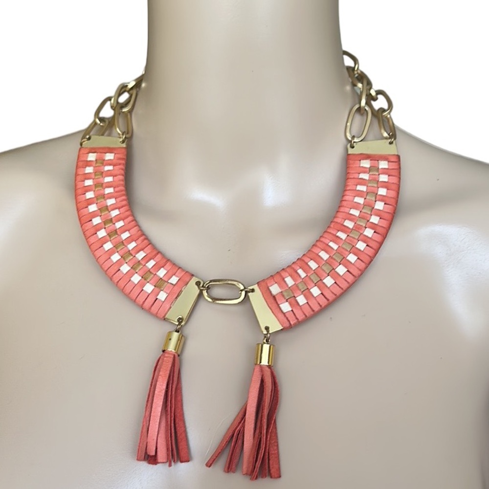 Anthropologie Wing Paris orange leather tassels & brass necklace. Made in France
